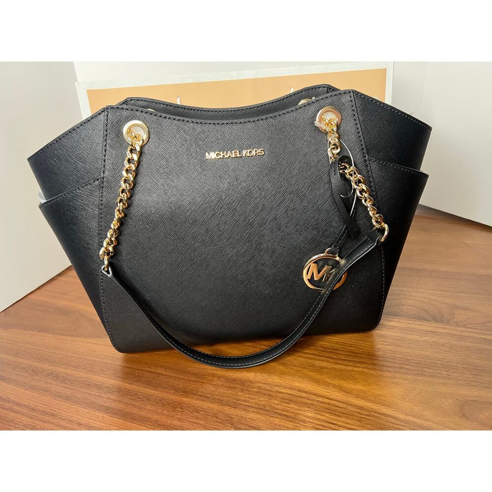 Michael Kors Jet Set Travel LG Chain Shoulder Tote Black Leather NWT - Picture 3 of 12